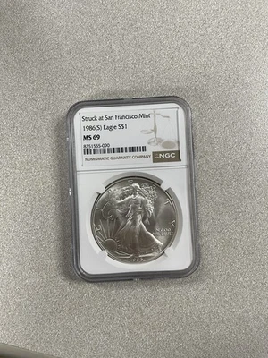  1986 Silver Eagle NGC MS69 Struck at San Francisco Mint Classic Brown Label   - Image 1 of 4