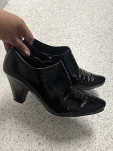 Prada Black Patent Bootie Heel Wedge Pointy Shoes Italy Boots Leather Vintage 37 - Picture 1 of 13