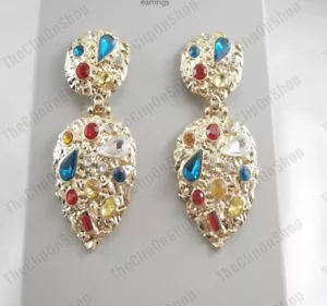 PENDIENTES CLIP ON ex zara BIG ROCK TEXTURIZADO gema sintética MULTI CRISTAL tono dorado lágrima - Imagen 1 de 4