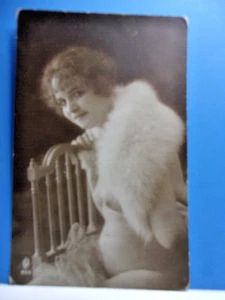 Antique French Nude Woman & Fur on bed Old Photo Postcard 1910-1920 Era Risque - Picture 1 of 4