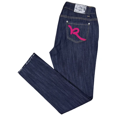 Rocawear Jeans Women's Juniors Slim Fit Dark Wash Raw Hem Size 11 Blue/Pink Y2K - Image 1 of 4