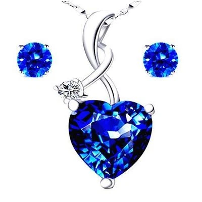 925 Sterling Silver Simulated Sapphire Gemstone Pendant Necklace Earring Set - Image 1 of 4