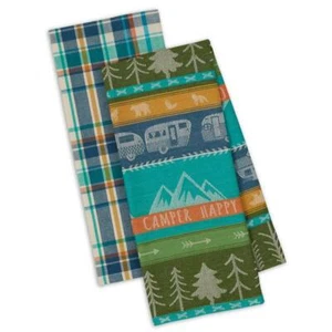 Set 2 NWT DII 100% Cotton Happy Camper Plaid Kitchen TOWEL Travel Trailer Camper - Picture 1 of 2
