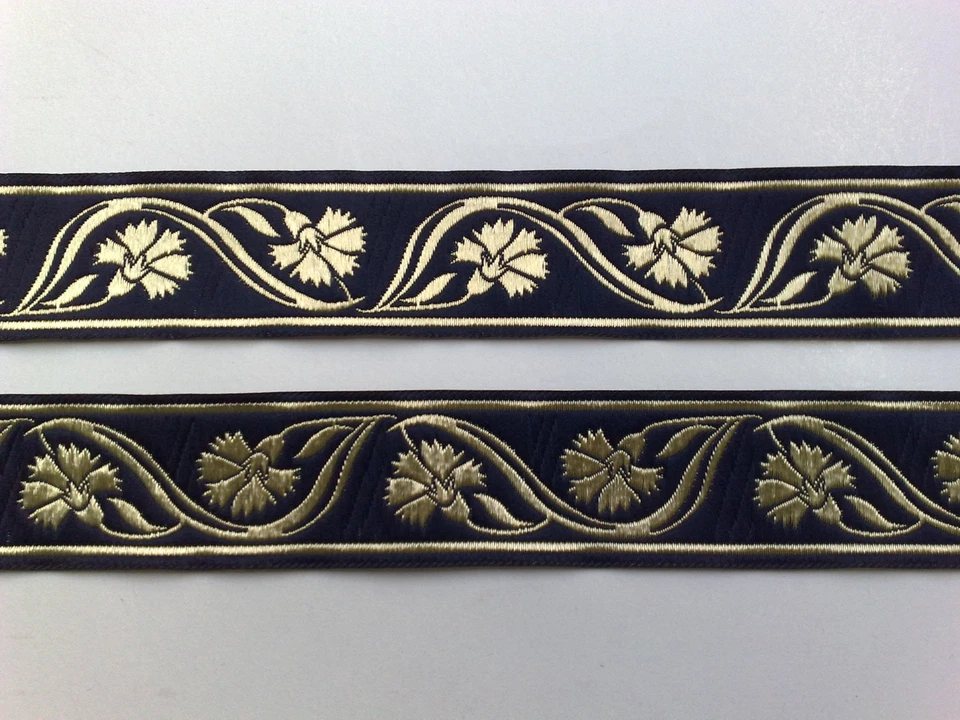 BORTE-MIT-STIL 8 Motive wählbar 2m Borte Webband Blume 35mm breit Farbe:dunkelblau/gold