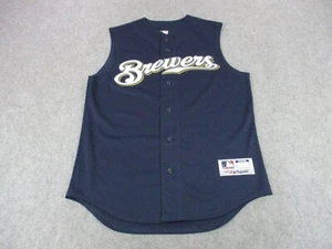 NEW Milwaukee Brewers Baseball Jersey Mens Medium Blue Majestic MLB Sleeveless - Picture 1 of 9