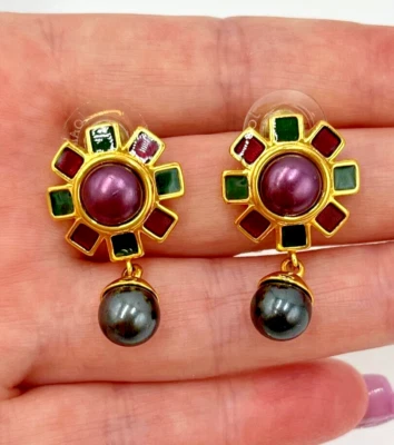 JOAN RIVERS Black Purple Faux Pearl Red & Green Enamel Dangle Post Earrings Gold - Image 1 of 4