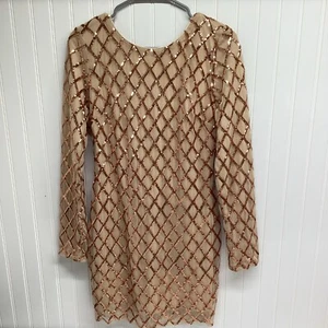 Forever 21 Sequin Body Con Mini Dress Women Bronze Nude Long Sleeve Cocktail *B - Picture 1 of 5
