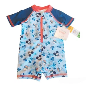 Disney Baby Mickey Mouse Rash Guard Swimsuit 0/3M Boys 1 Pc Zip Front Blue - Picture 1 of 3