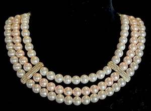 Tri Color Faux Pearl Crystal Gold Tone Necklace  - Picture 1 of 3