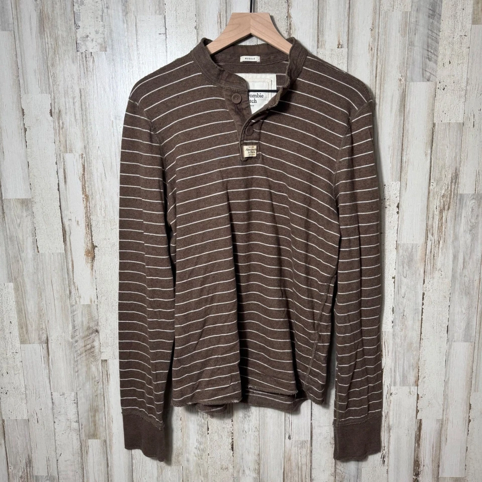 De Colección Y2K Abercrombie & Fitch Marrón Rayas Henley Manga Larga Para Hombre Mediano Foto 1 de 4