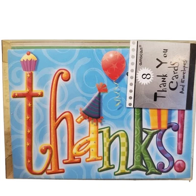 Amscan Rainbow Thank You Cards Party Hats Blank Cards 8 Envelopes 483462 - Image 1 of 4