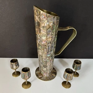 Mexican Alpaca Abalone Inlaid Brass Pitcher 11.5” & 4 Mini Goblets 3” - Set of 5 - Picture 1 of 13