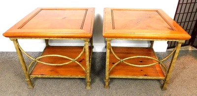 NICE! Designer 26" SQ Side Lamp Tables Elm Wood & Fancy Gold Antiqued Finish 80s - Image 1 of 4