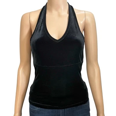 90s Express World Brand Velvet Halter Top Tank XS Black Fitted Minimalist Basic - Image 1 of 4