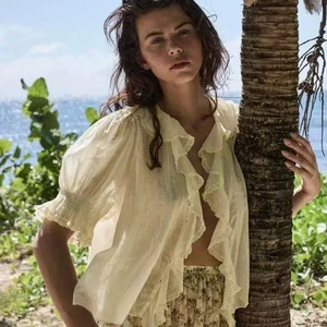Camisa Ramie Doen Francesa Floral Manga Abullonada Top con Volantes Manga Corta Nueva Mujer - Imagen 1 de 19