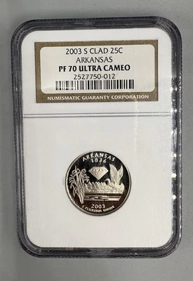 2003-S Clad 25C PF 70 Ultra Cameo Arkansas State Quarter - Image 1 of 2