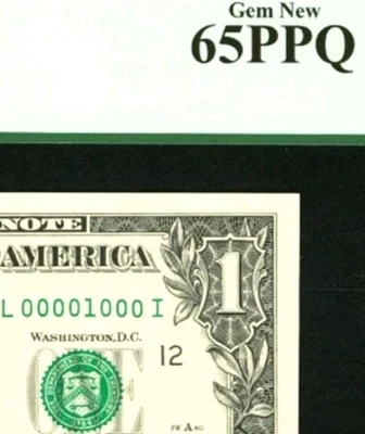 FANCY TRUE BINARY # 00001000 "ONE THOUSAND" serial number $1 PCGS 65 PPQ 2009 - Image 1 of 3