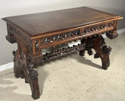 French Antique Gothic Revival Walnut Desk Library Table with Gargoyles - Image 1 of 4