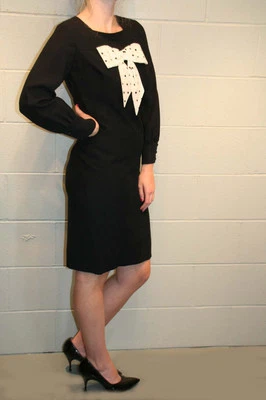 S VTG 60s Dress TUCK PLEATED BLACK RAYON Secretary POLKA DOT BOW BOBBIE BROOKS - Image 1 of 4
