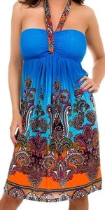 Blue/Orange Ombre Multi Floral Paisley Bandeau Tube/Halter Dress S M L - Picture 1 of 2