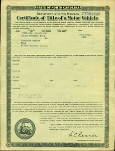 1951 NC Titel des Kraftfahrzeugs für einen 1941 FORD 2 DR R BRYANT - Bild 1 von 2