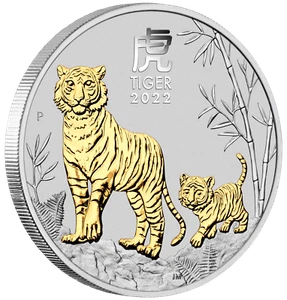 2022 Australia Lunar Year of the TIGER GILDED 1oz Silver $1 Coin w/ OGP/BOX Gilt - Picture 1 of 4
