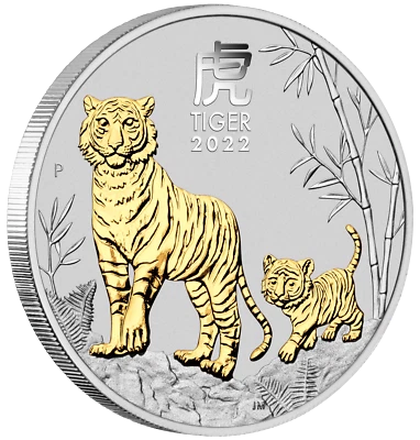 2022 Australia Lunar Year of the TIGER GILDED 1oz Silver $1 Coin w/ OGP/BOX Gilt - Image 1 of 4