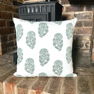 1025. GREEN BLOCK PRINT 100% Cotton Cushion Cover, Various sizes - Image 1 of 4