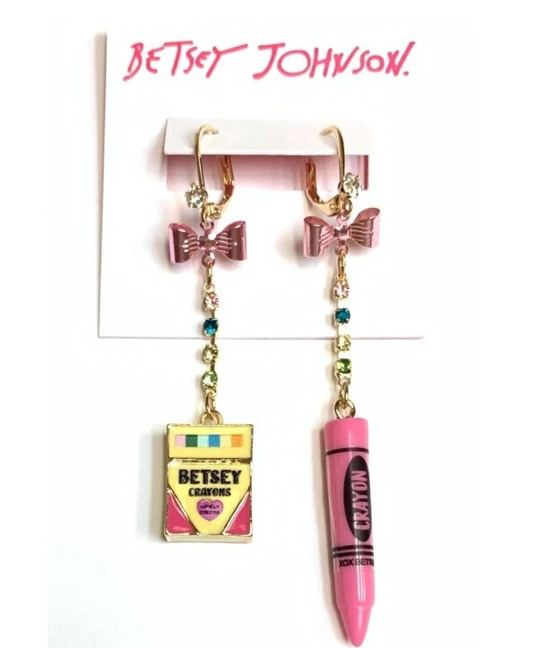 Betsey Johnson Back to School Gold Tone Crayon Mismatch Drop Earrings Pastel