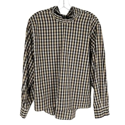 Zara Blouse Womens Size Medium Navy Ivory Tartan Plaid Neck Bow Cotton Classic - Image 1 of 4