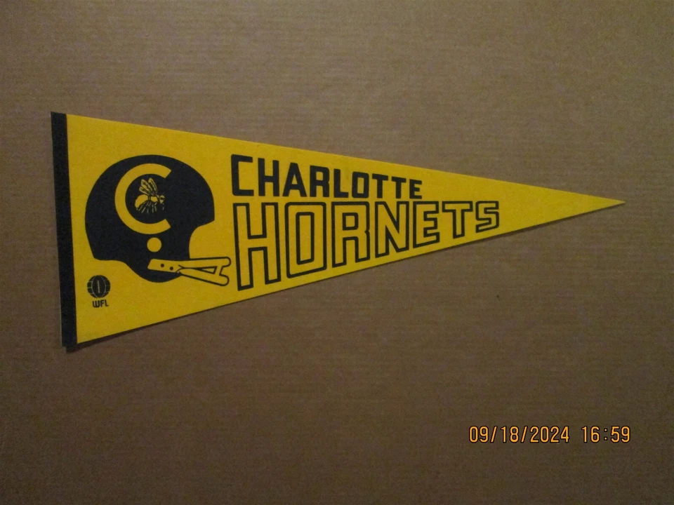WFL Charlotte Hornets Vintage Defunct 1975 2 Bar Helmet Logo Football Pennant - Image 1 of 1