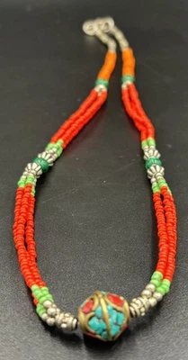 Vintage Tibetan Beaded Necklace Coral, Turquoise & Malachite Style Brass Inlay - Image 1 of 4