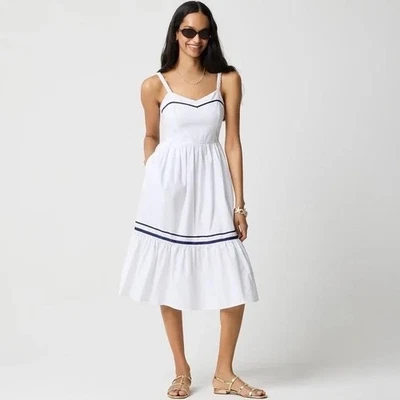 NWT! J. CREW Factory Corset Midi Dress Contrast Trim White Blue Nautical 12 Tall - Image 1 of 4