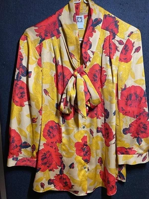 Blusa Anne Klein L Roja Amarilla Floral Cuello Corbata Botón Frontal Y2K Otoño Top Foto 1 de 4