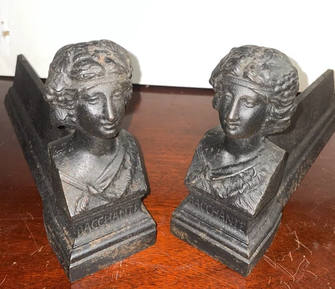 PAIR ANTIQUE FRENCH CAST IRON PRIESTESS HEAD FIGURAL FIREDOGS/ANDIRONS BACCHANTE Cover