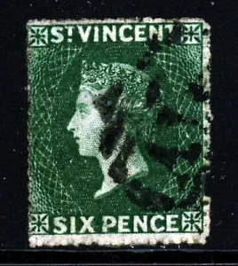 ST. VINCENT QV 1871 Six Pence Deep Green Wm Star Upright Rough Perf 15 SG 15 VFU - Picture 1 of 2