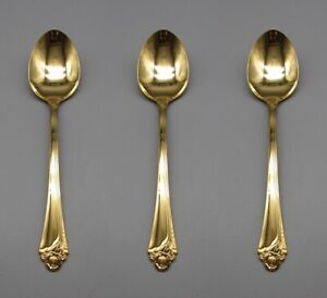 SET OF THREE - Oneida Gold Electroplate - GOLDEN FANTASY ROSE Serving Spoons USA