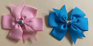 2 Easter Hair Bows w Clips Grosgrain Ribbon Pinwheel Pink / Light Turquoise - Picture 1 of 7