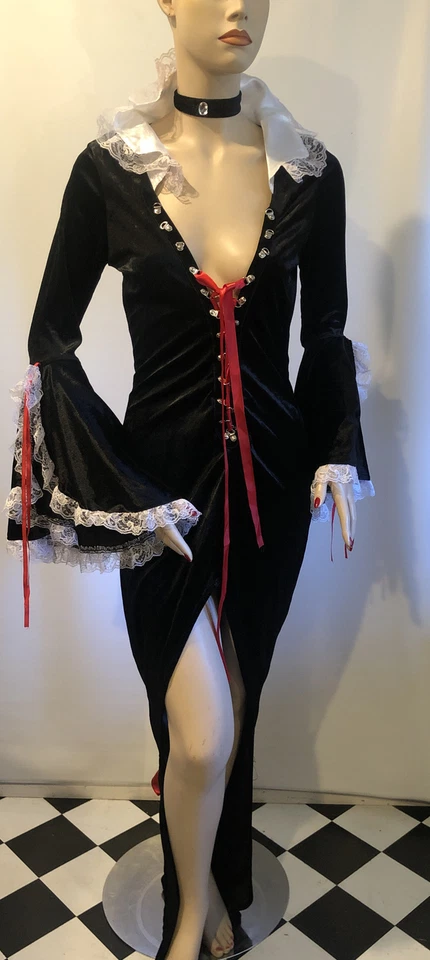 Vestido Largo Charades Drácula Halloween Terciopelo Negro Encaje Mangas Largas Campana L Foto 1 de 4