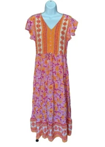Zesica Dress Womens M Orange Pink Maxi Floral Short Sleeve Boho Hippie Flowy - Picture 1 of 8