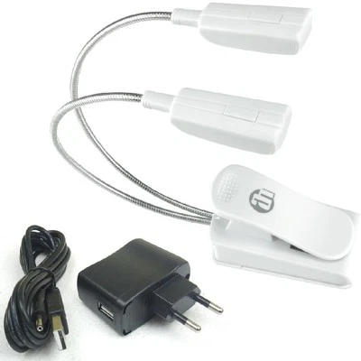 LED Schwanenhalslampe 2-Arm weiß mit Netzteil und USB-Kabel Leselampe Klemmlampe - Bild 1 von 4