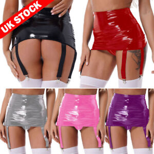 UK Womens Shiny Mini Skirt Garter Belt with Clips Suspender Thigh High Stockings