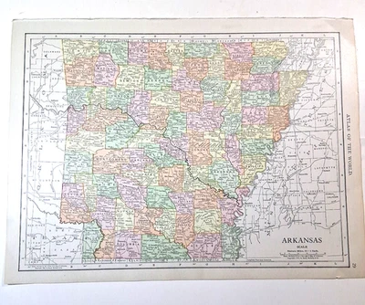 Antigua página del Atlas Rand-McNally mapa a color de Louisiana Arkansas 1909 Foto 1 de 4