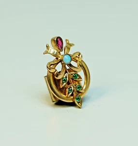 Jugendstil Walzgold Taschenuhrkette Hals Schiebeband Opal Rubin Smaragd - Bild 1 von 7