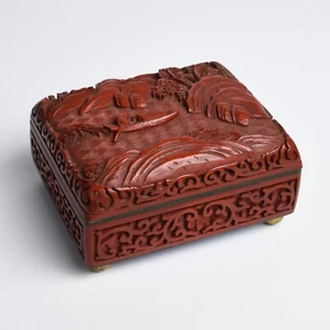 Fine 19thC Carved Chinese Cinnabar Lacquer Box with Blue Cloisonne Enamel - Picture 1 of 9