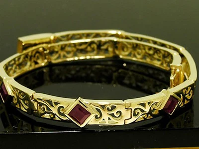 B089 Genuine 9K 9ct Solid Yellow GOLD FILIGREE Natural Ruby Line Bracelet 18.2cm - Image 1 of 4