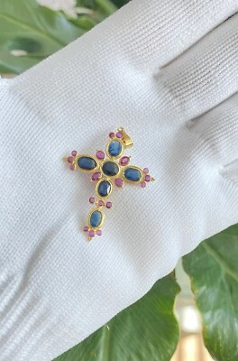 Vintage 18K Yellow Gold Cross Pendant Necklace ~Sapphires & Rubies ~Double Sided - Image 1 of 4
