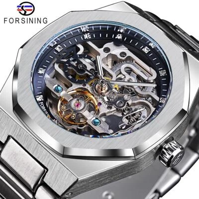 Forsining Casual Automatic Watch 3d Diamond Skeleton Hollow Mens Wristwatches Lu - Image 1 of 4