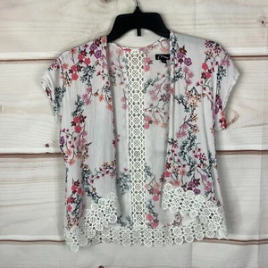 Art Class Top Girls S Floral Print Open Front Kimono Crochet Trim Crinkle Boho - Picture 1 of 7