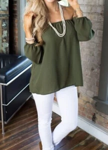 Women's Long Sleeve Shirt Green Khaki Open Shoulders Size L NWOT - Picture 1 of 6